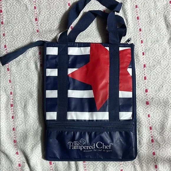 The Pampered Chef Blue and Red Striped Tote - Picture 1 of 4